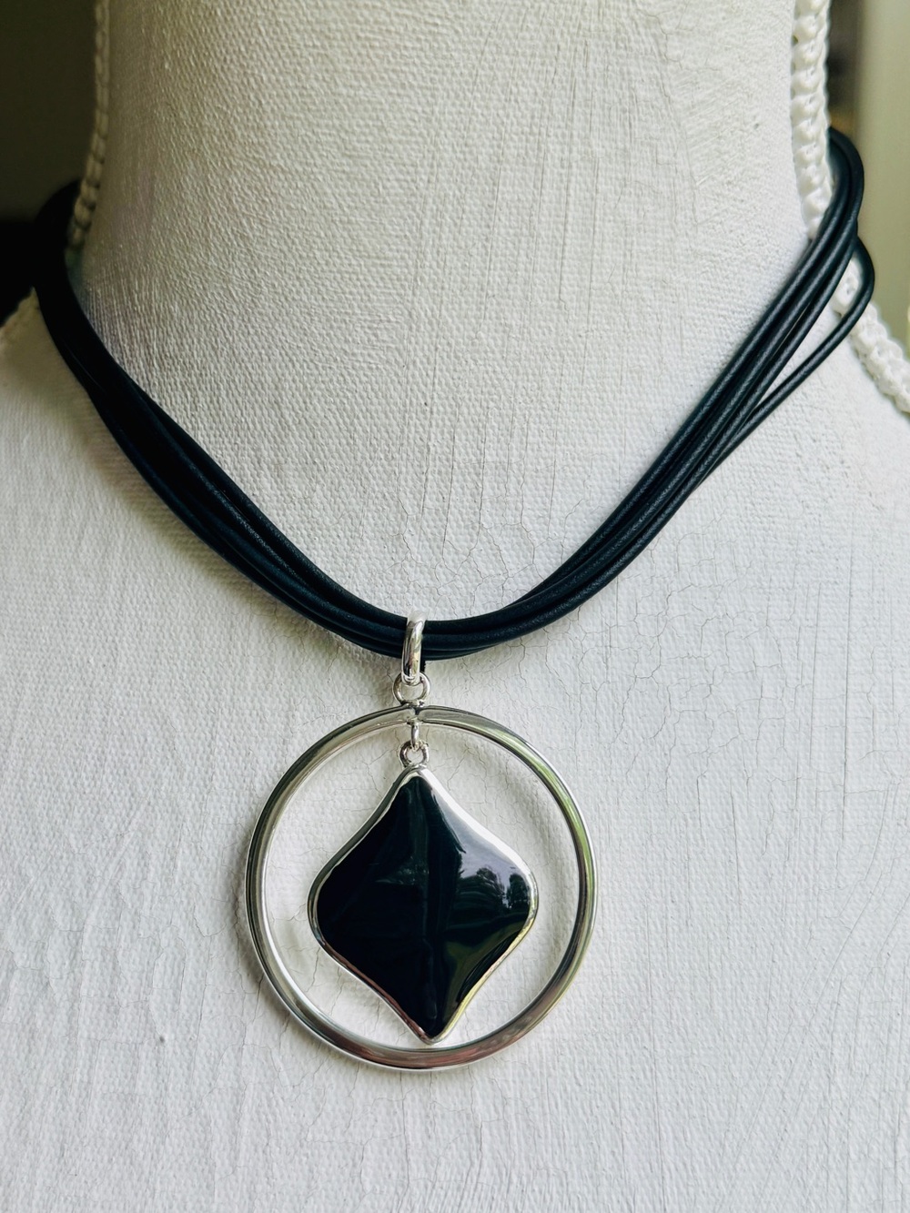 Nine West Black Pendant Circle Necklace on Multi-Strand Cord Styling